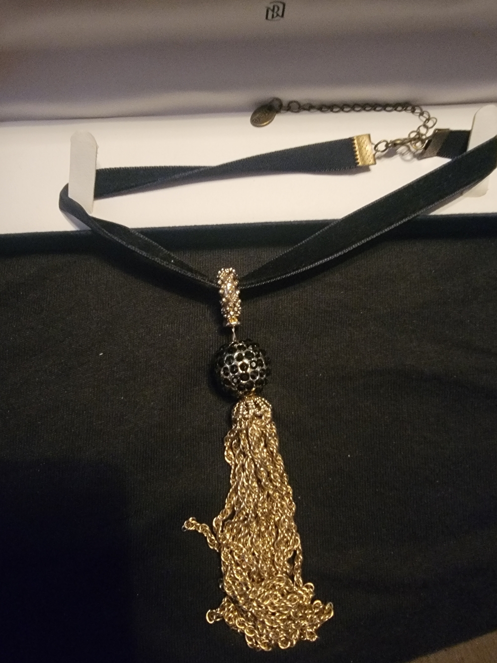 Black Velvet Choker Necklace with Gold Tassel and Black Crystal Bead